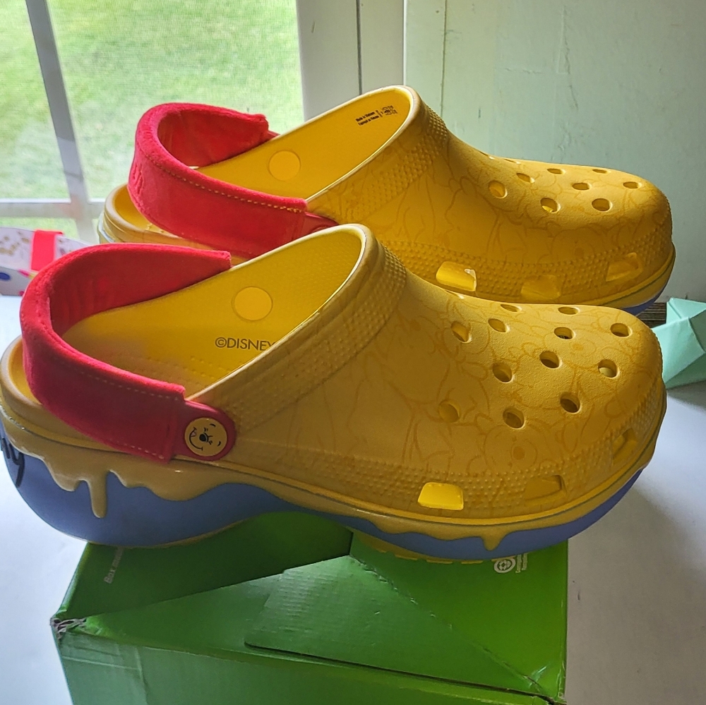 CROCS Kids Yellow Clogs with Red Strap and Blue Soles